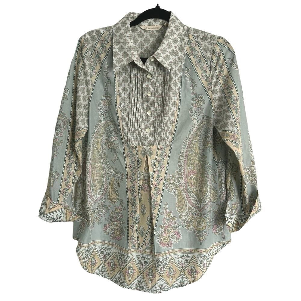 Soft Surroundings Boho Paisley Blouse, Pleated, Pink and Gray, Women’s Petite S